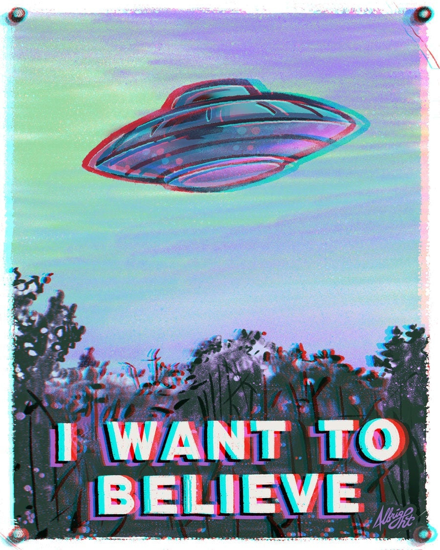 I Want To Believe Sticker with Mini 3D Glasses - Mulder UFO Mini Poster - Weatherproof Decal