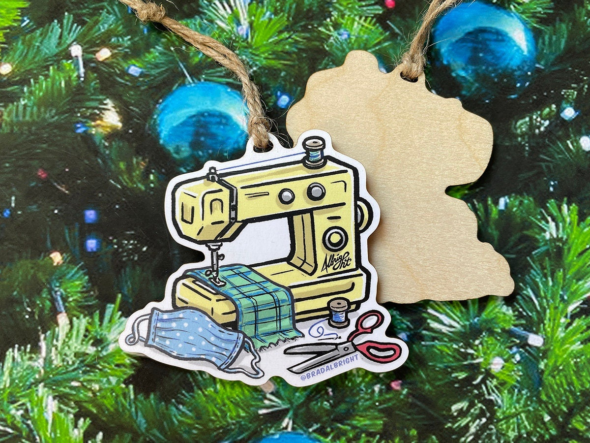 Sewing Machine with Face Mask - Christmas 2020 Ornament - Hand Drawn Wood Ornament