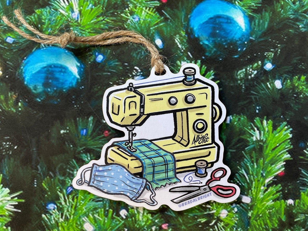 Sewing Machine with Face Mask - Christmas 2020 Ornament - Hand Drawn Wood Ornament