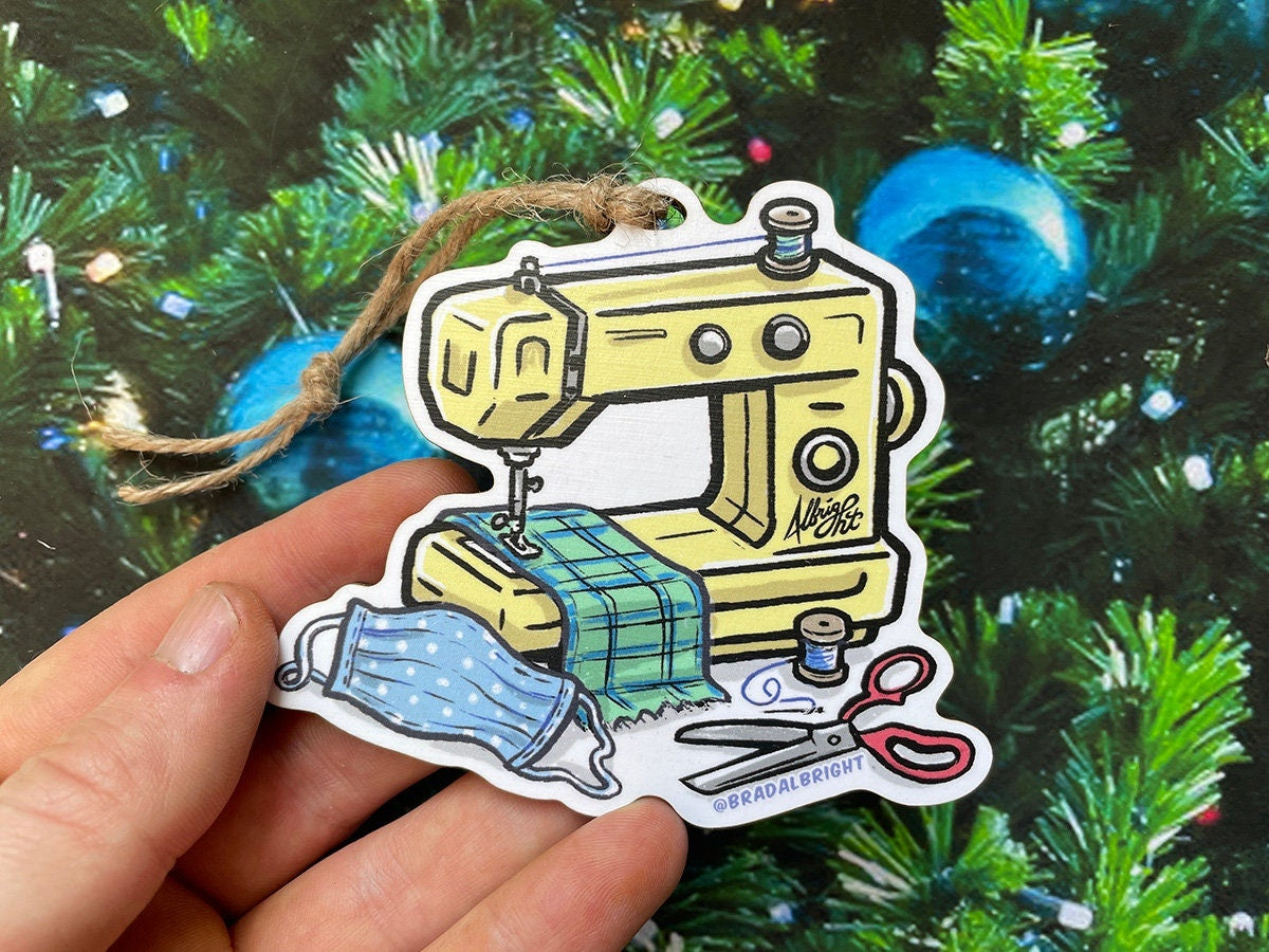 Sewing Machine with Face Mask - Christmas 2020 Ornament - Hand Drawn Wood Ornament