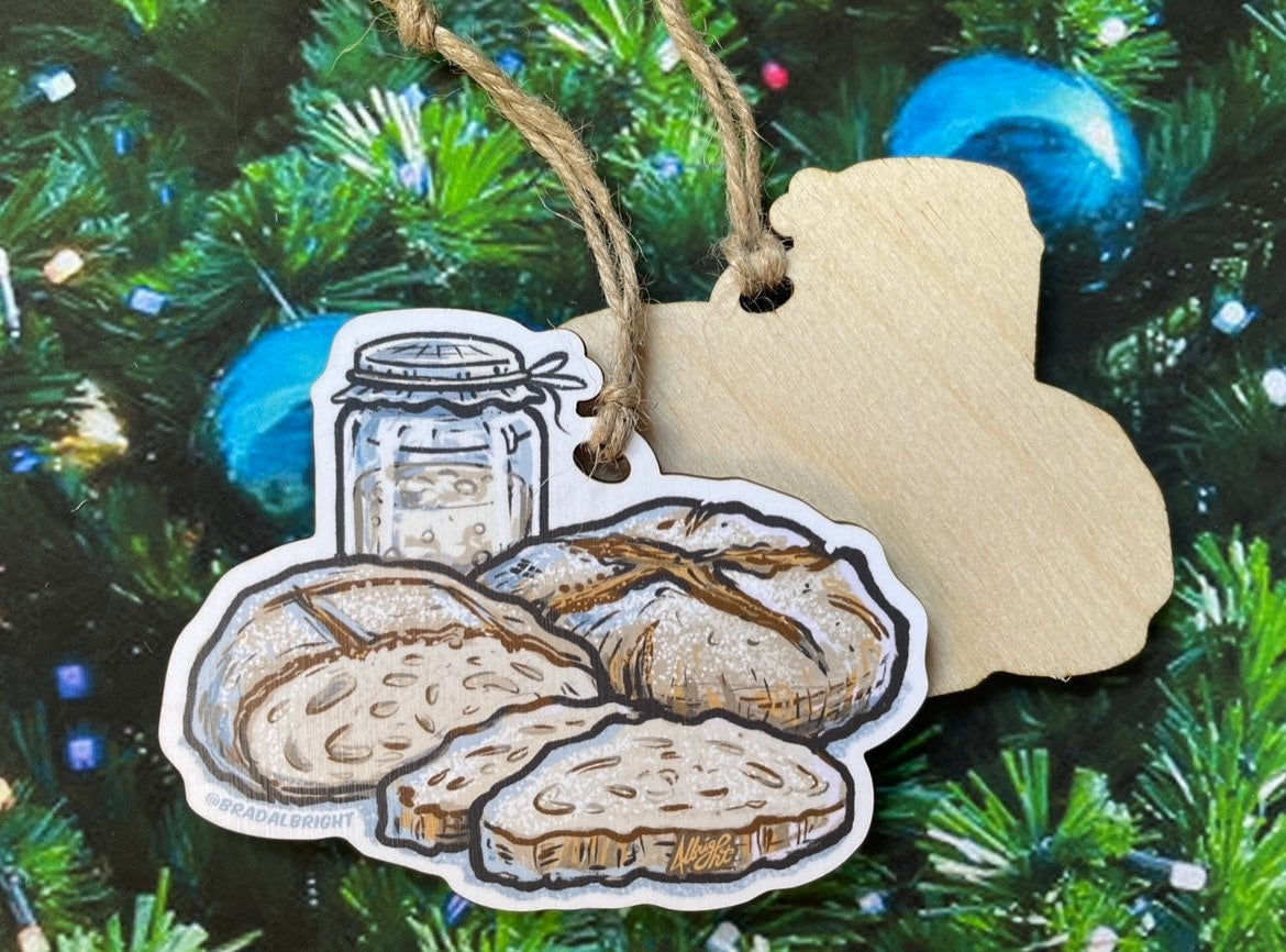 Sourdough Starter & Handmade Bread Loaf - Christmas Ornament - Hand Drawn Wood Ornament