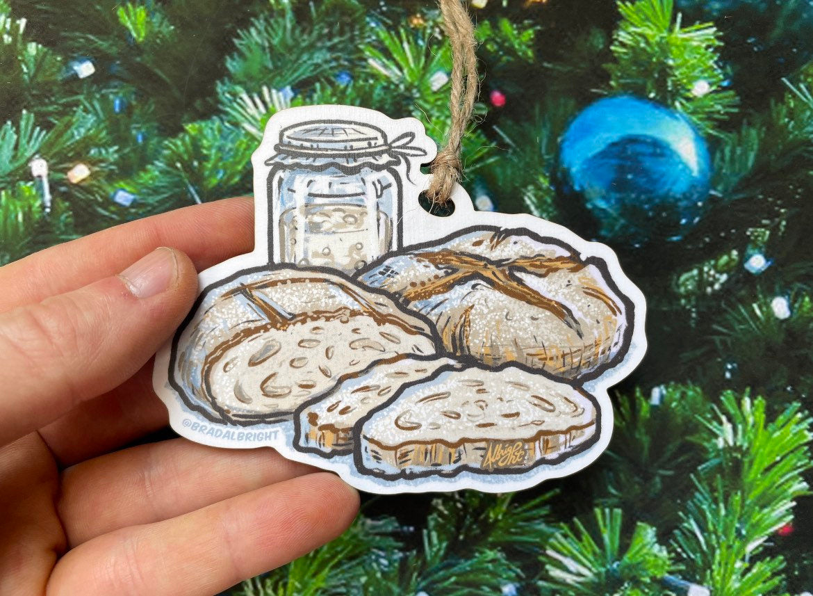 Sourdough Starter & Handmade Bread Loaf - Christmas Ornament - Hand Drawn Wood Ornament