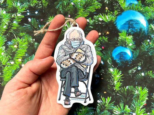 Bernie Sanders' Mittens Christmas Ornament - Bernie Sanders Meme - Hand Drawn Wood Ornament