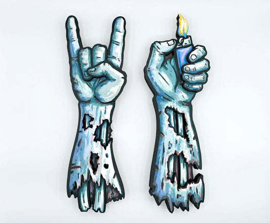 Zombie Rocker Hands Wall Art - Dimensional Woodcut & Archival Print Relief Sculpture