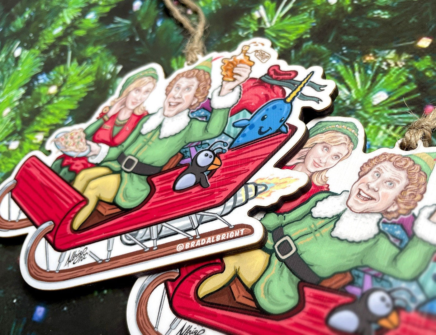 Buddy The Elf & Jovie on Santa's Rocket Sleigh - Hand Drawn Wooden Christmas Ornament