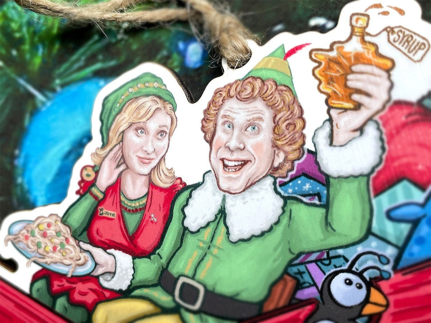 Buddy The Elf & Jovie on Santa's Rocket Sleigh - Hand Drawn Wooden Christmas Ornament