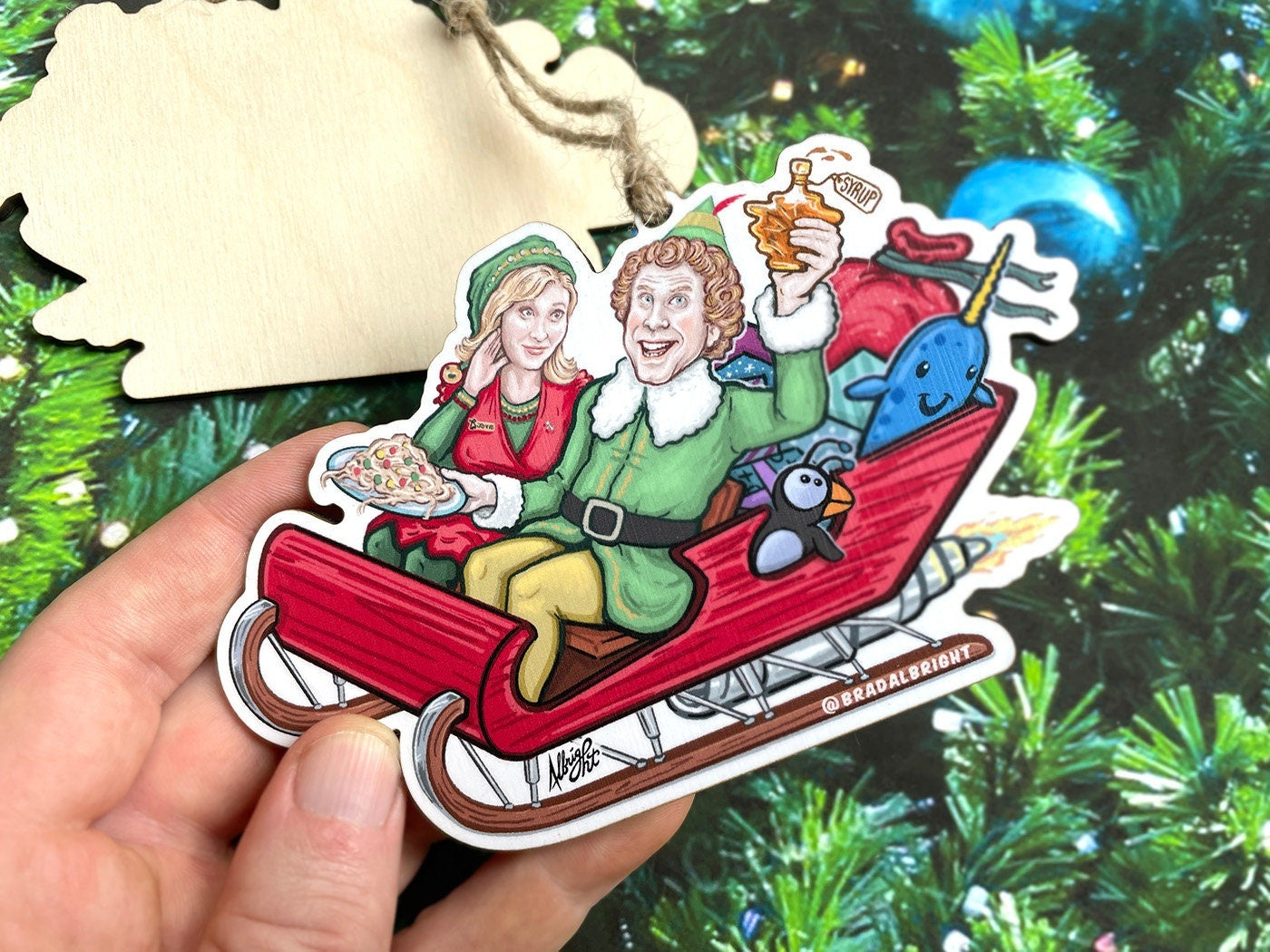 Buddy The Elf & Jovie on Santa's Rocket Sleigh - Hand Drawn Wooden Christmas Ornament