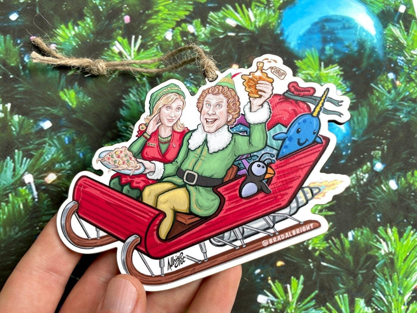 Buddy The Elf & Jovie on Santa's Rocket Sleigh - Hand Drawn Wooden Christmas Ornament