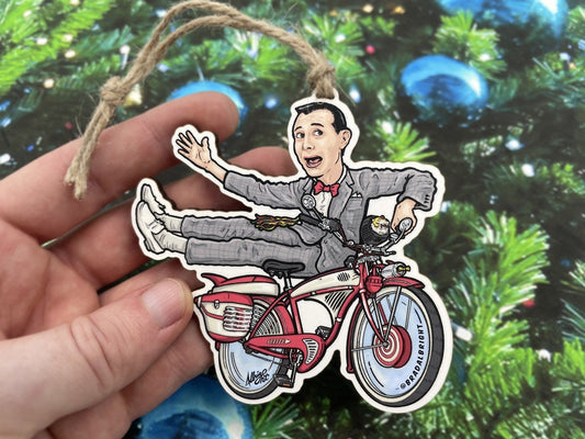 Pee Wee & His Bike - Ornament - Wood and Archival Giclee Print - Hand Drawn Wood Ornament