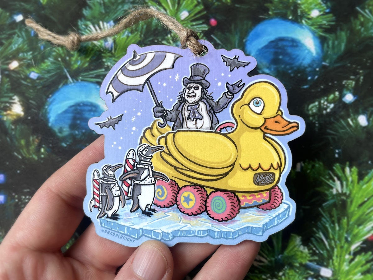 The Penguin Returns Ornament - Duckie Car & Penguin Army - Hand-Drawn Christmas Ornament