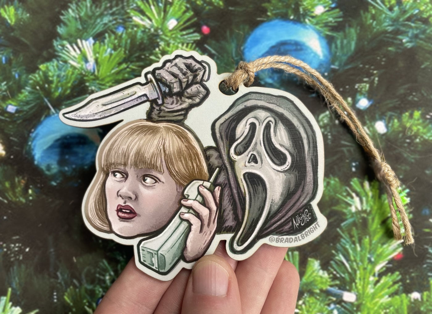 Killer Halloween Tree Ornament - Horror Movie Hand Drawn Wooden Christmas Ornament