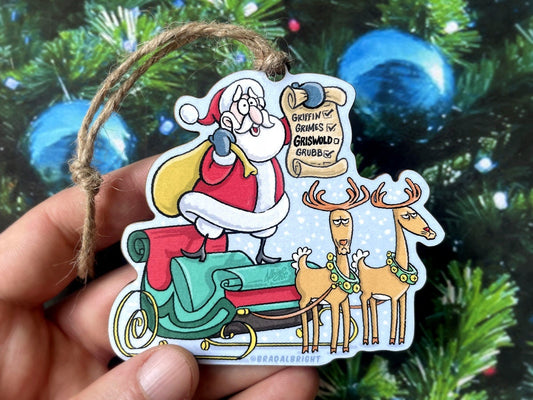 Cartoon Santa and Reindeer - Hand-Drawn Christmas Vacation Tribute Ornament