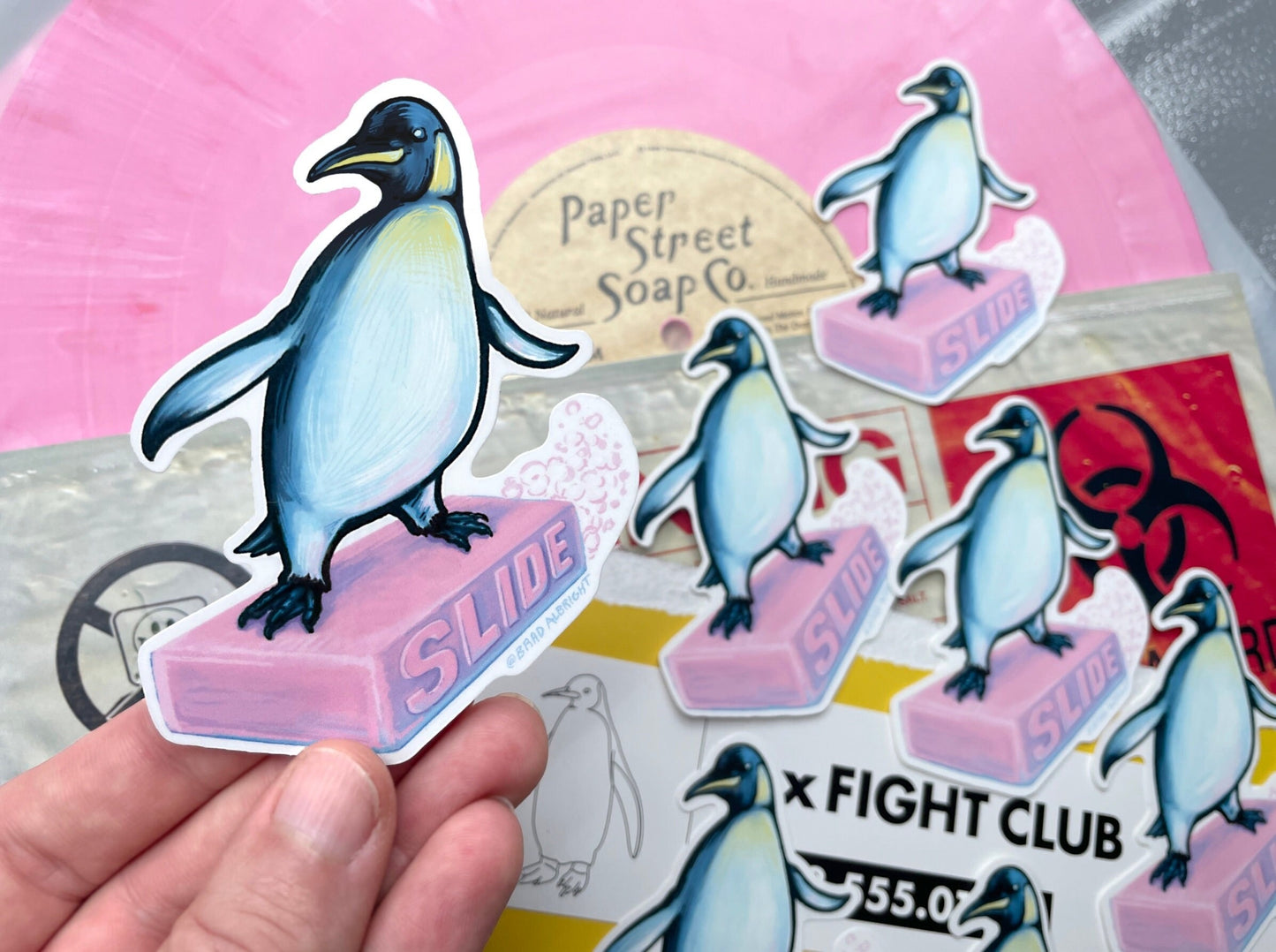 Penguin "Slide" Pink Soap Illustration - Stickers and Magnets - Waterproof Decals