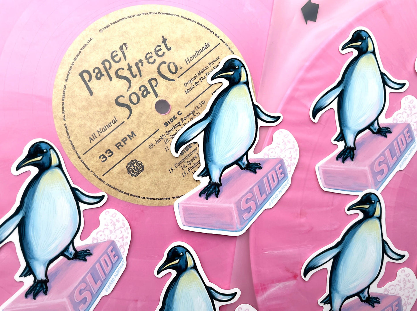 Penguin "Slide" Pink Soap Illustration - Stickers and Magnets - Waterproof Decals