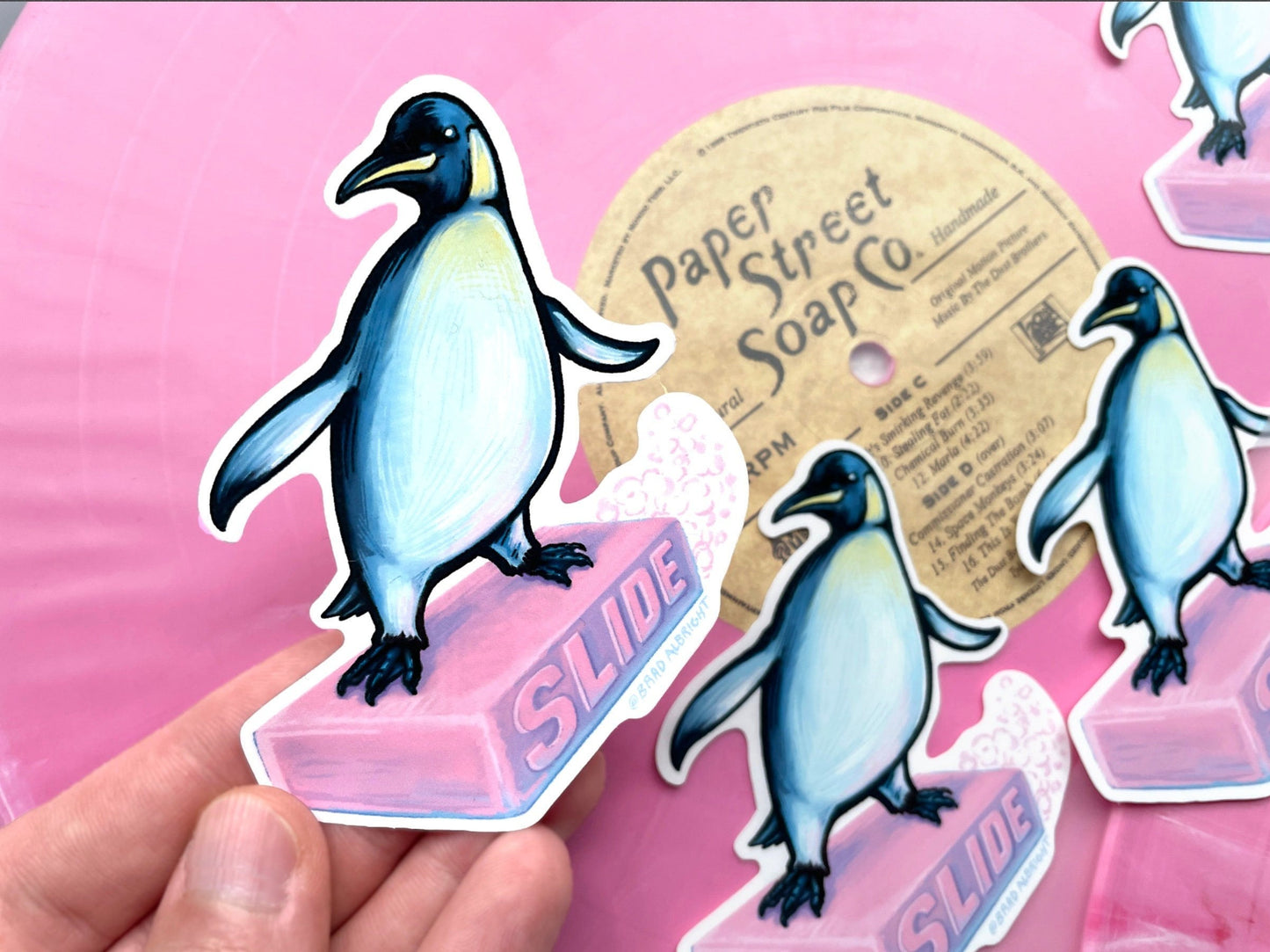 Penguin "Slide" Pink Soap Illustration - Stickers and Magnets - Waterproof Decals