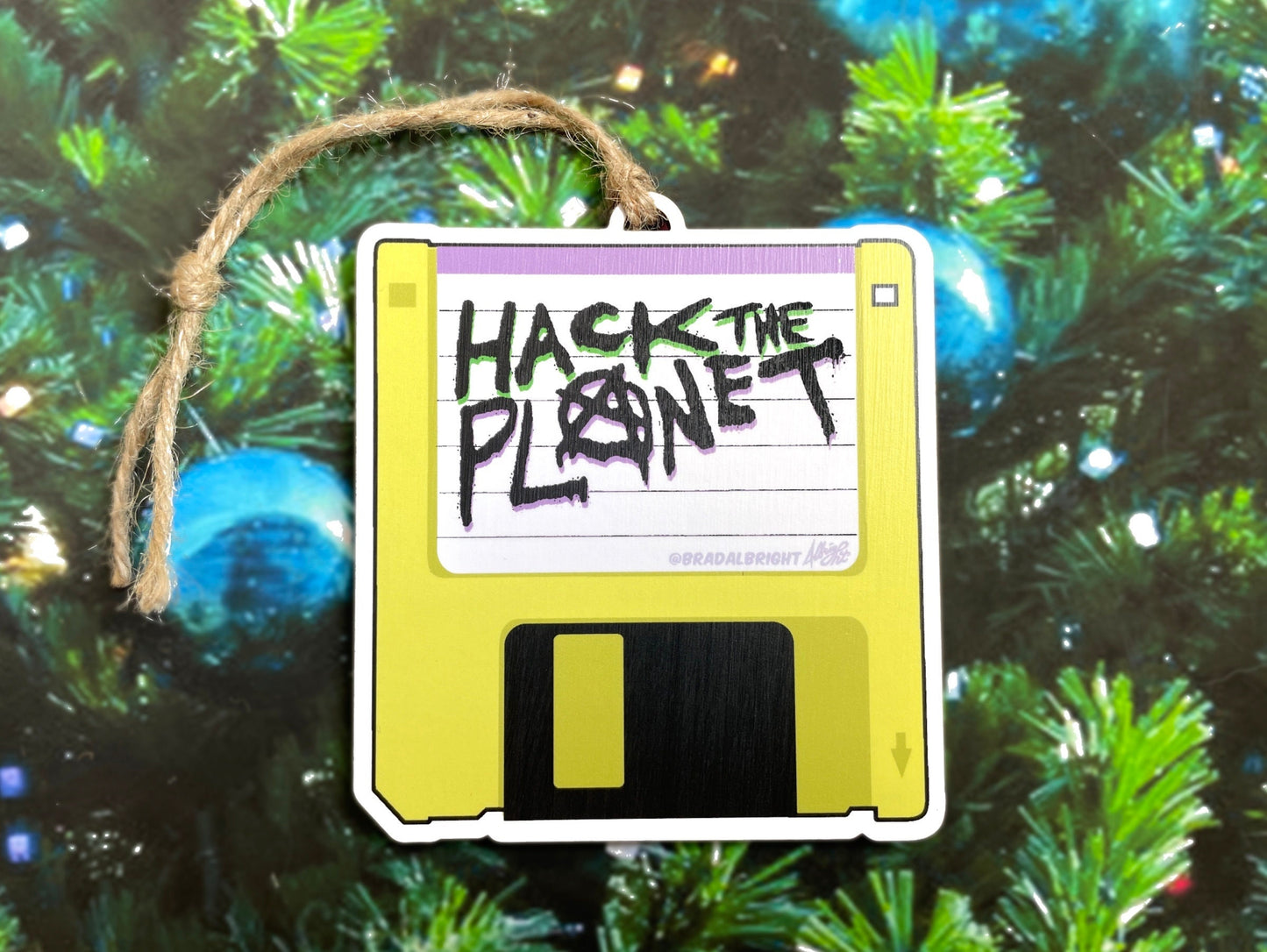 Hack The Planet! Floppy Disk Hackers Ornament - Wooden Cyberpunk Christmas Decoration