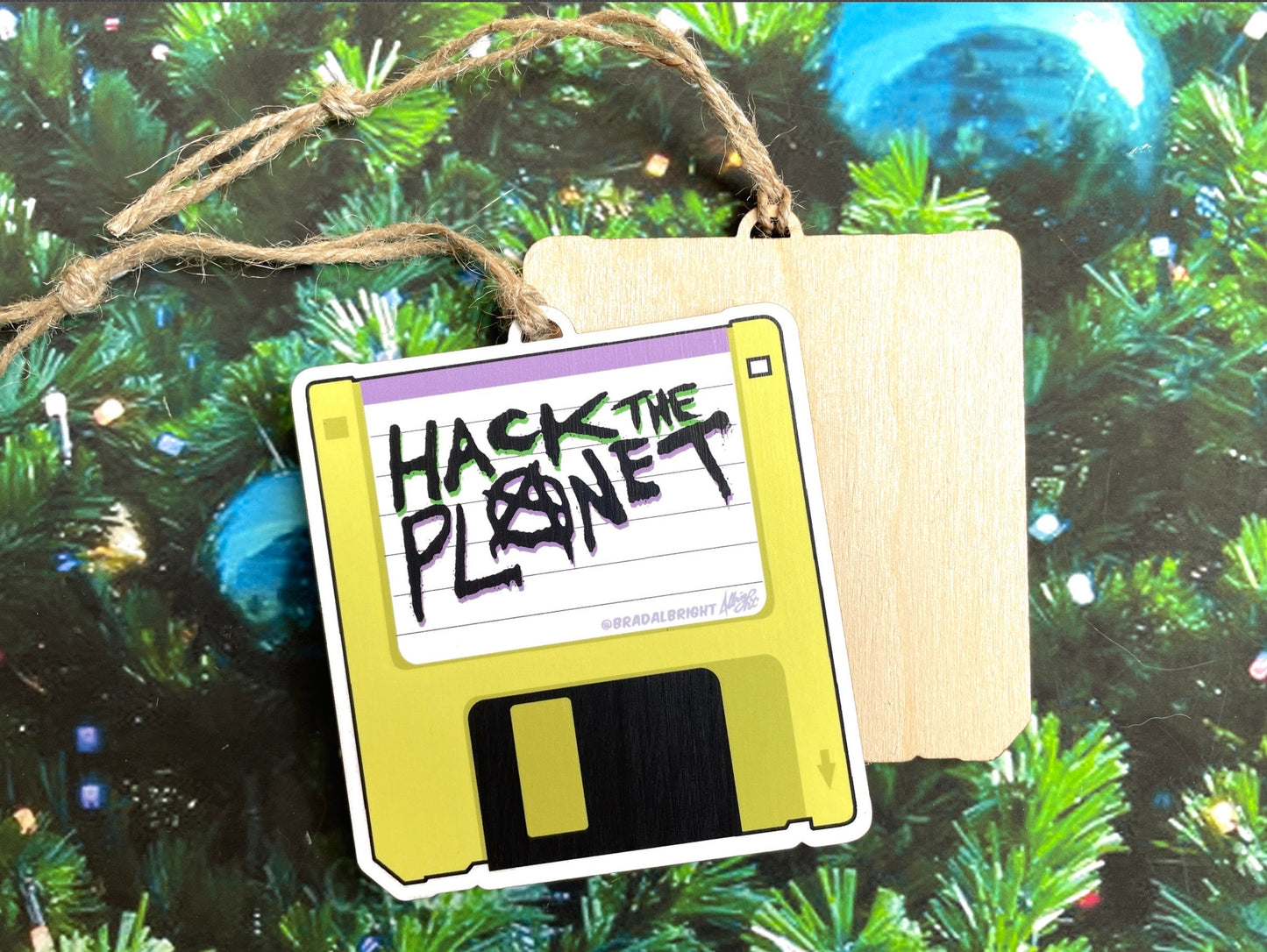 Hack The Planet! Floppy Disk Hackers Ornament - Wooden Cyberpunk Christmas Decoration