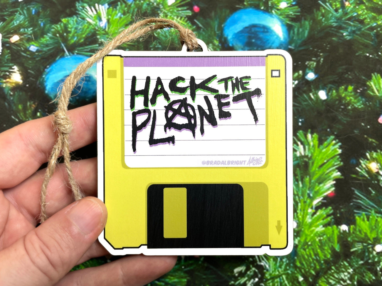 Hack The Planet! Floppy Disk Hackers Ornament - Wooden Cyberpunk Christmas Decoration