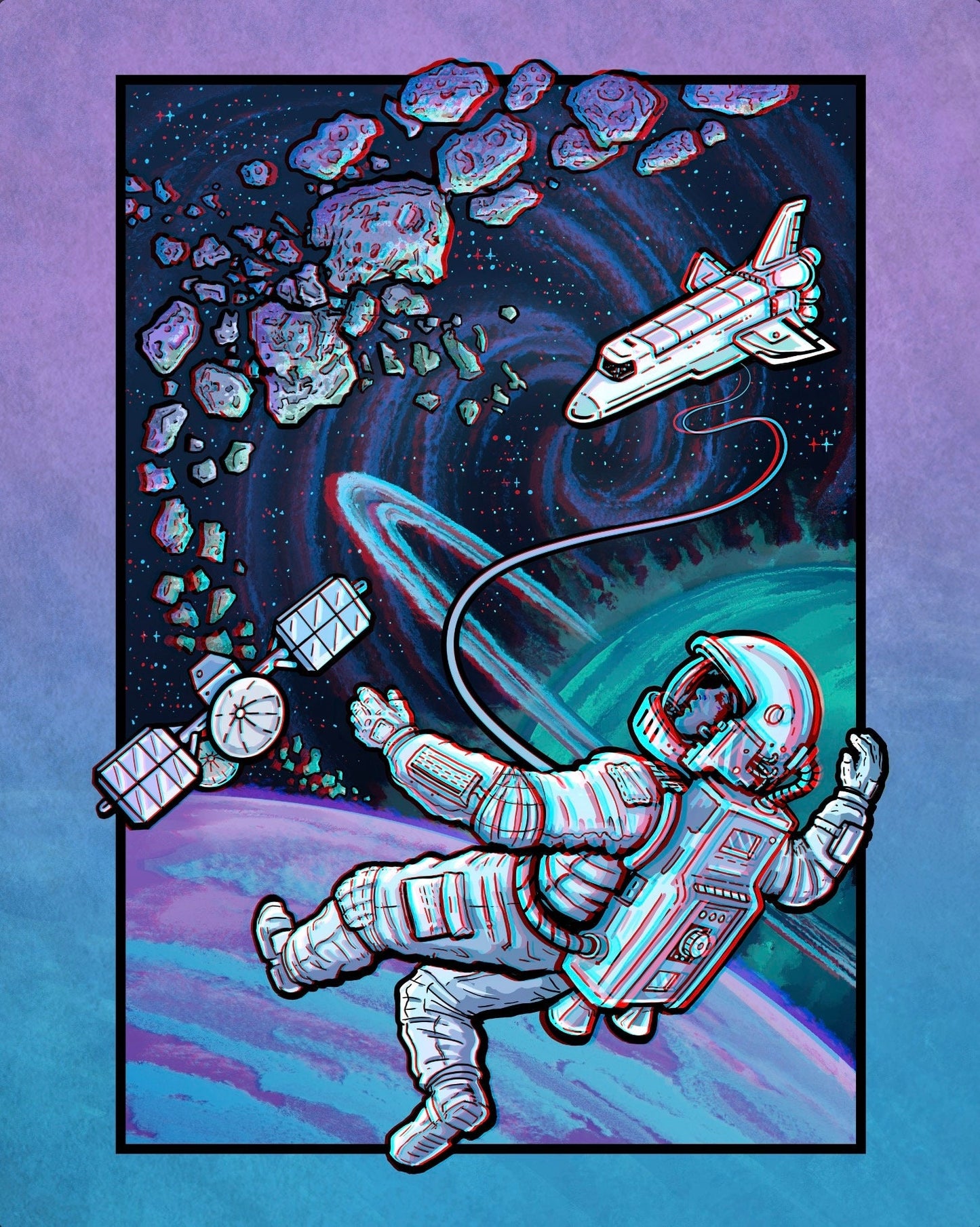 Far Out Astronaut 3D Painting - 3D Poster with Glasses - Scifi Outer Space Asteroids