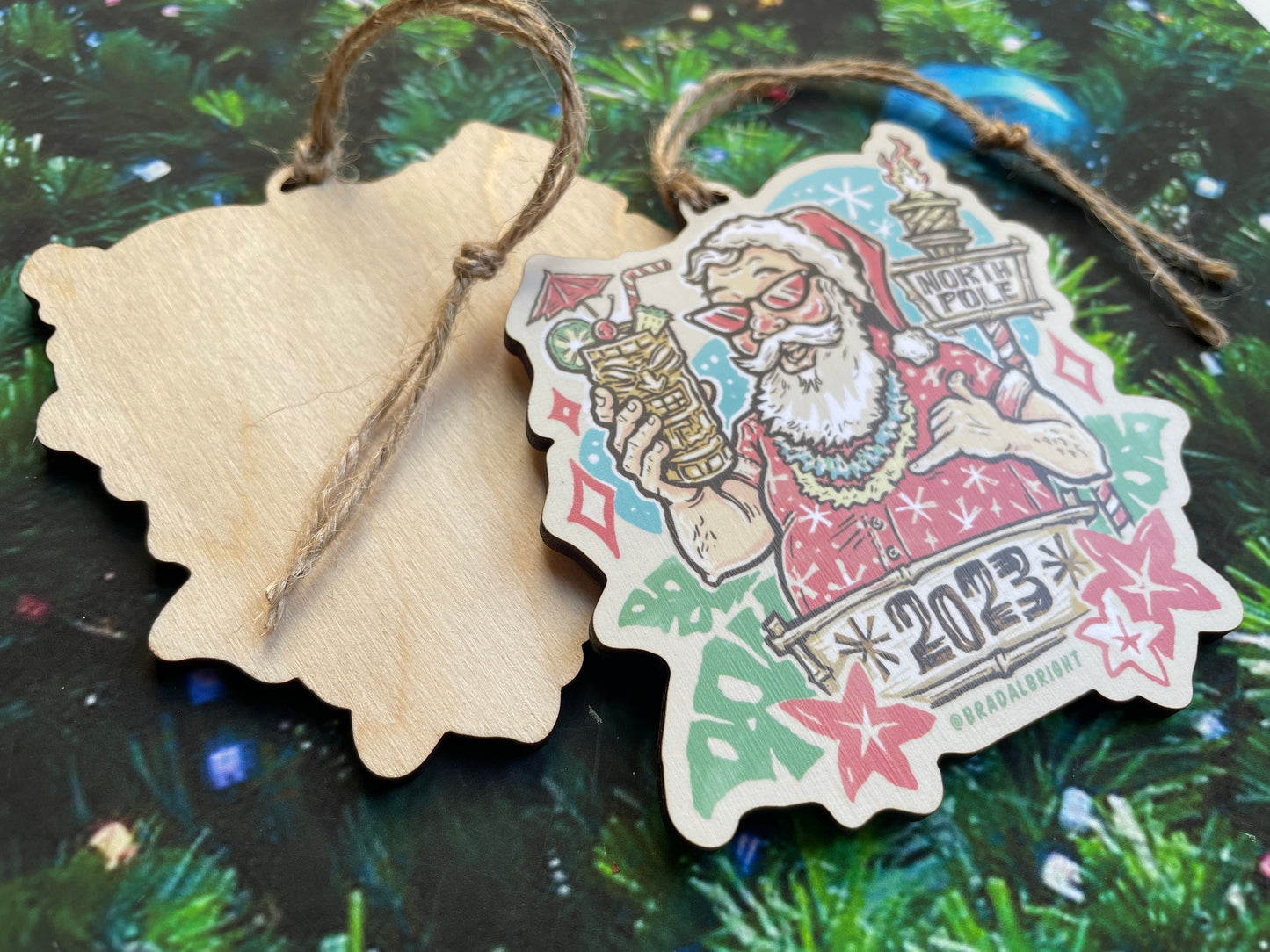 Tiki Santa 2023 Ornament - Mid Century Style Tropical Tiki Art - Wood and Twine Retro Santa Claus Christmas Tree Decor