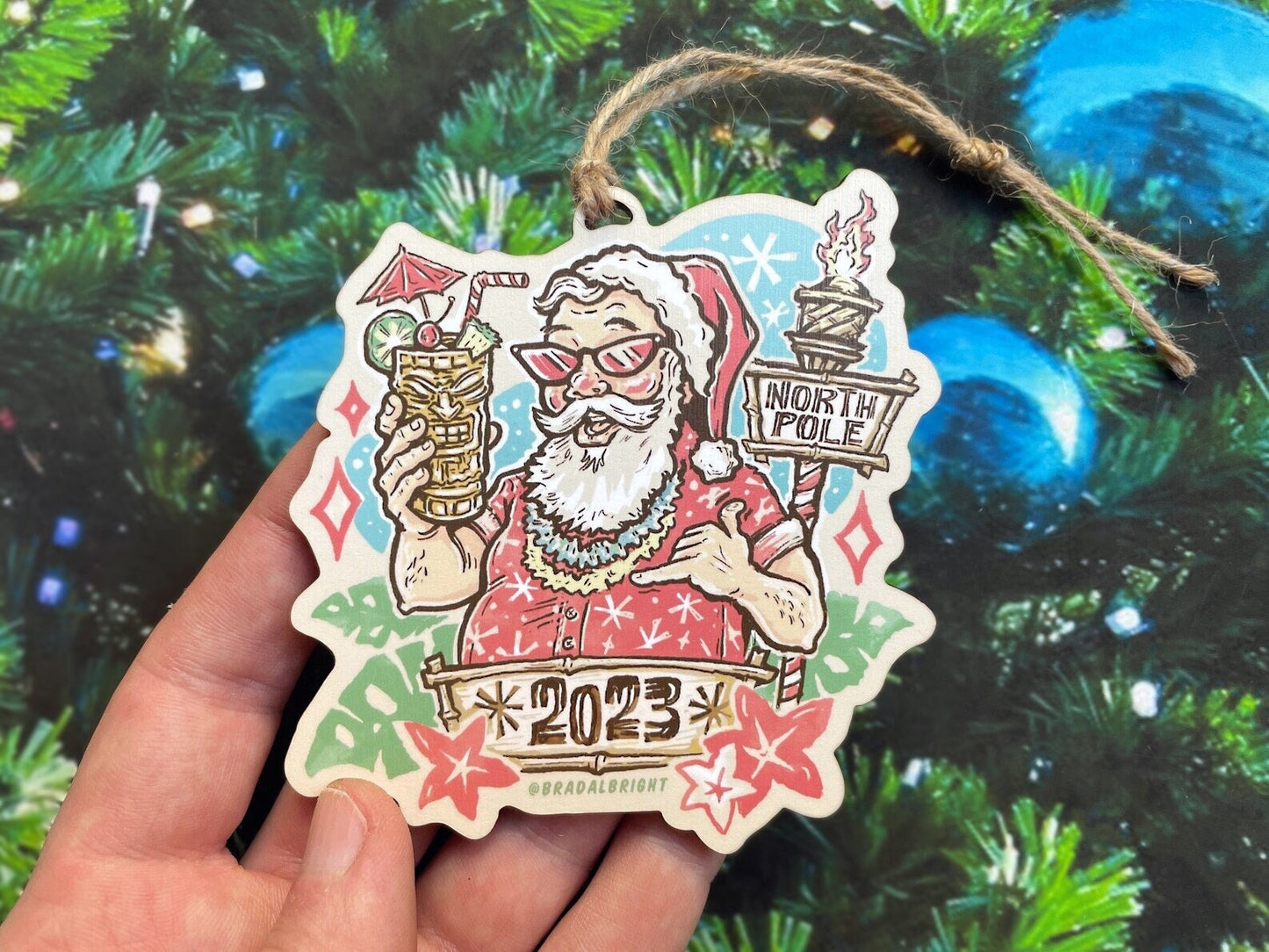 Tiki Santa 2023 Ornament - Mid Century Style Tropical Tiki Art - Wood and Twine Retro Santa Claus Christmas Tree Decor