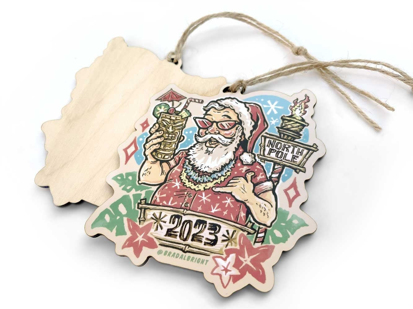 Tiki Santa 2023 Ornament - Mid Century Style Tropical Tiki Art - Wood and Twine Retro Santa Claus Christmas Tree Decor