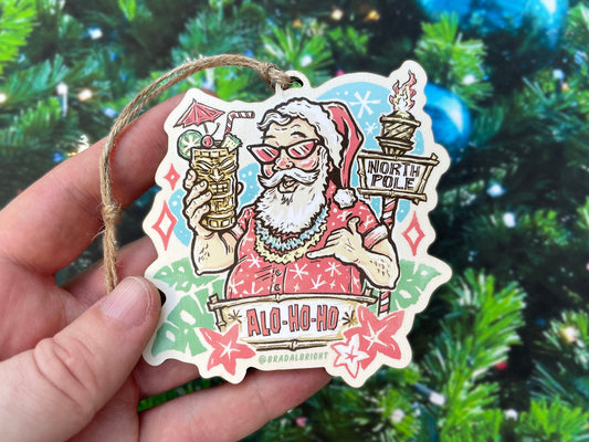 Timeless Tiki Santa Ornament - Alo Ho Ho - Mid Century Style Tropical Tiki Art - Aloha Tiki Torch Retro Santa Claus Christmas Tree Decor